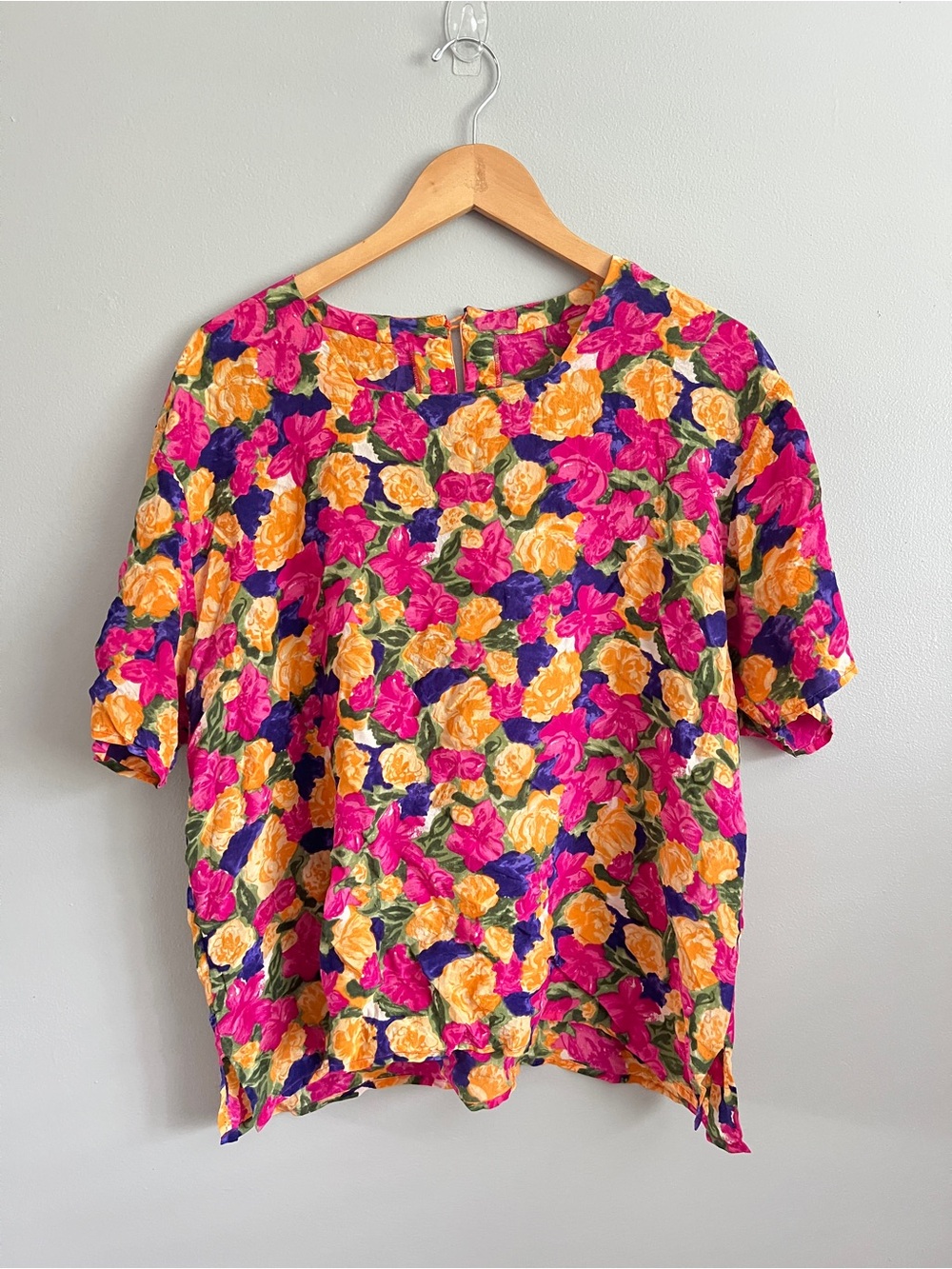 Floral Short-Sleeve Blouse - Pink, Orange/Yellow, Purple & Green
